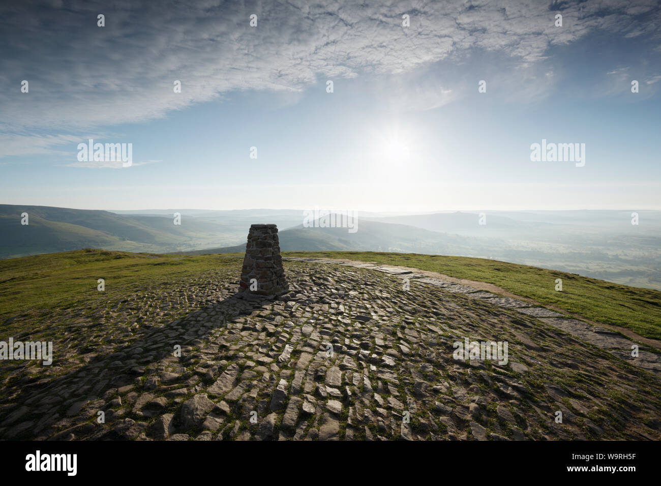 Trig Point at the summit of Mam Tor. Peak District National Park. Derbyshire. UK. Stock Photo