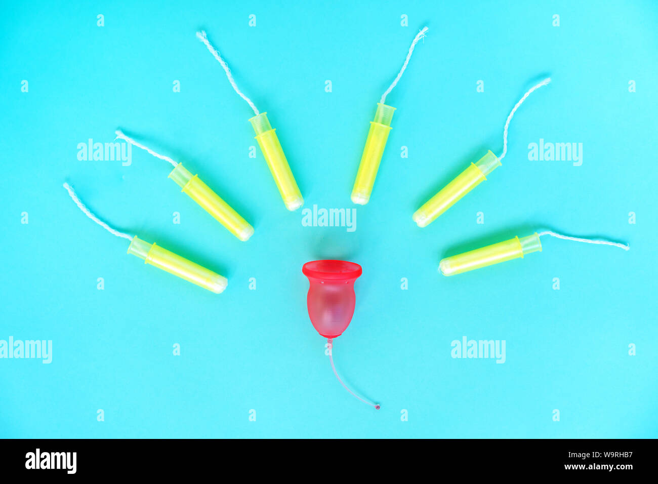 The female menstrual cup is contrasted with six tampons in the