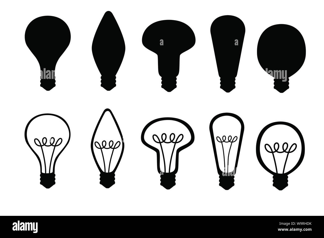 Black silhouette set of flat cartoon incandescent lamps yellow retro light bulbs vector illustration isolated on white background Stock Vector