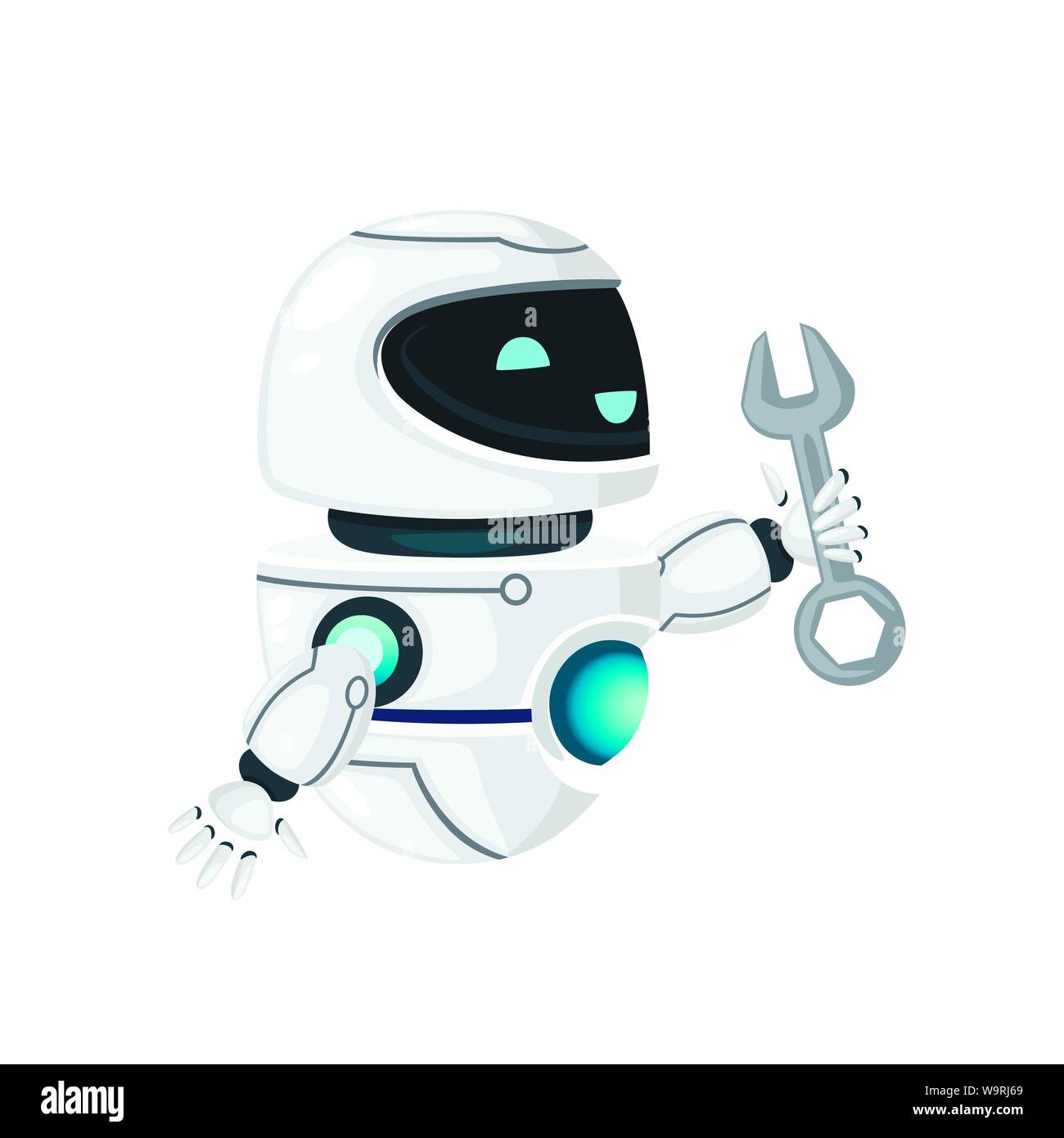 Cute white modern levitating robot up raised hand and holding wrench flat vector illustration isolated on white background Stock Vector