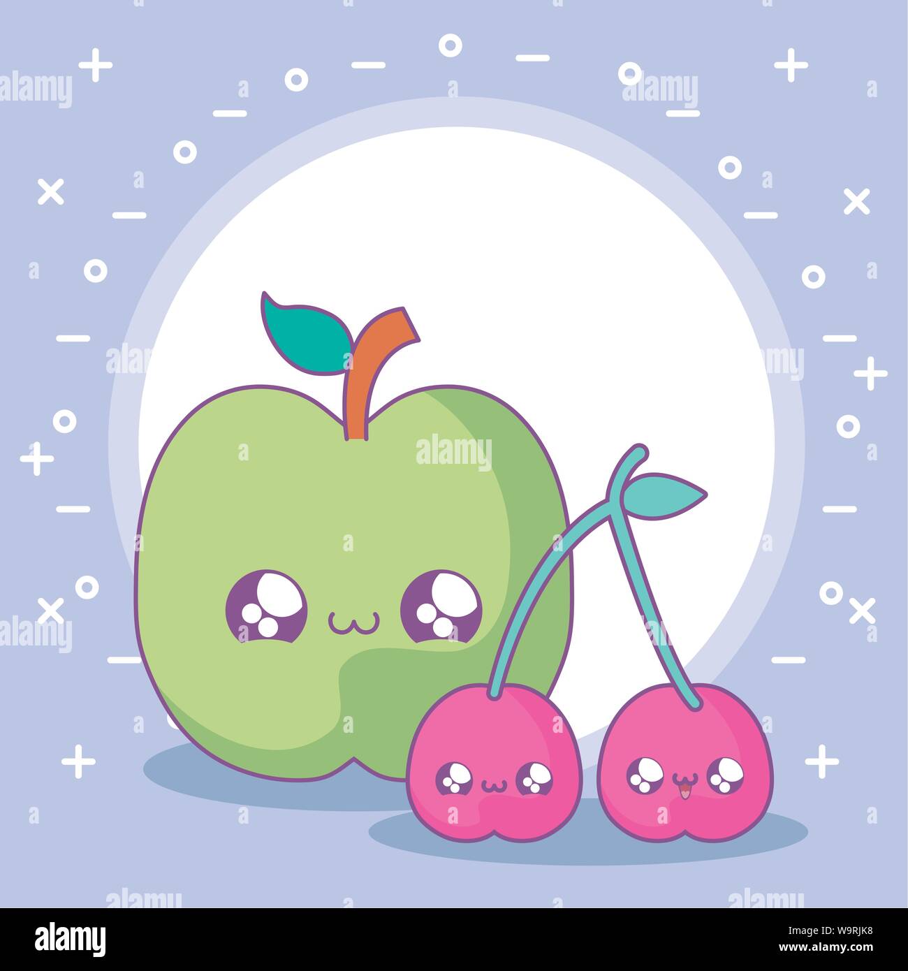 fresh apple with cherries fruits kawaii style vector illustration