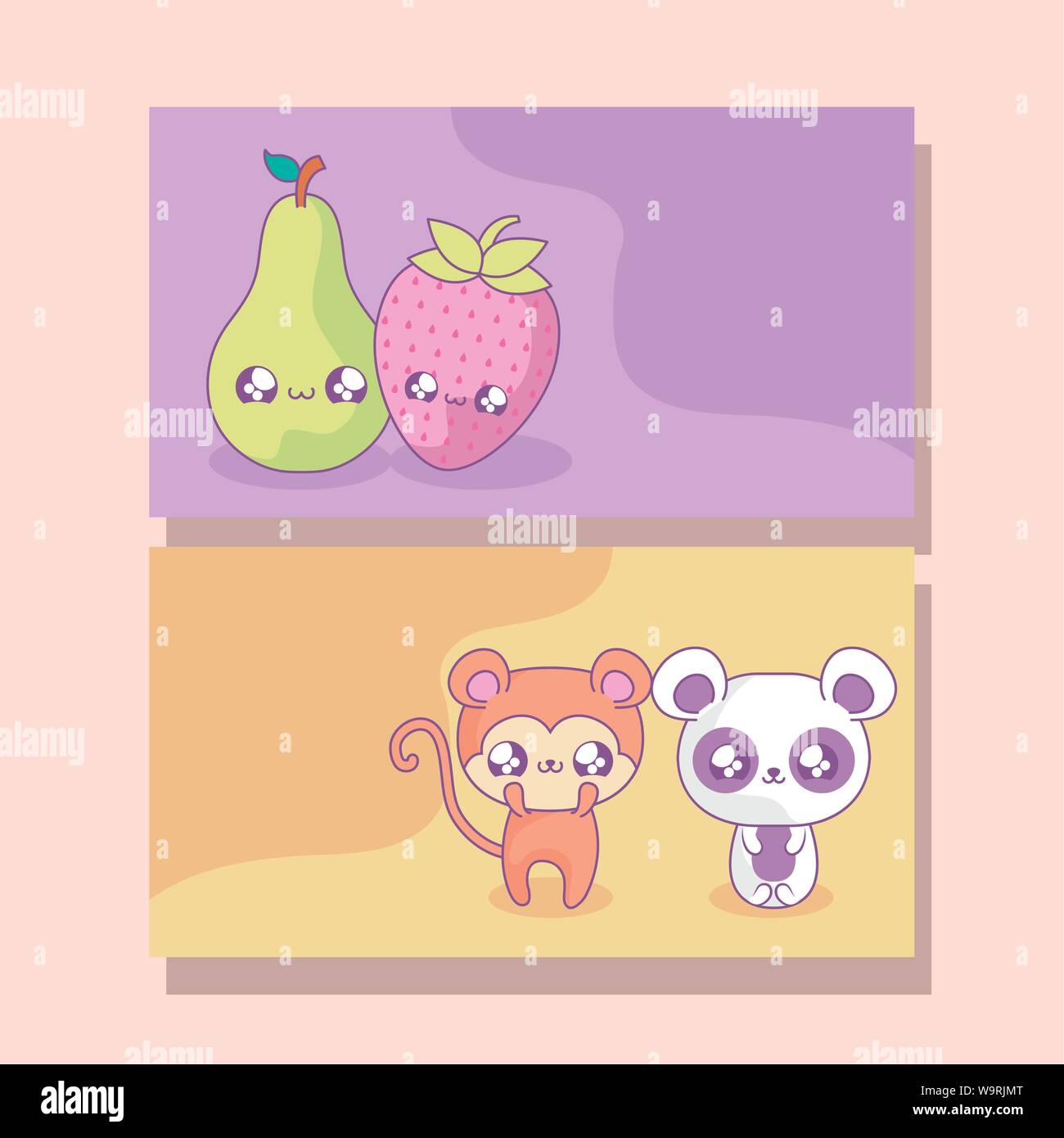cute group of fruits and animals baby style kawaii vector illustration