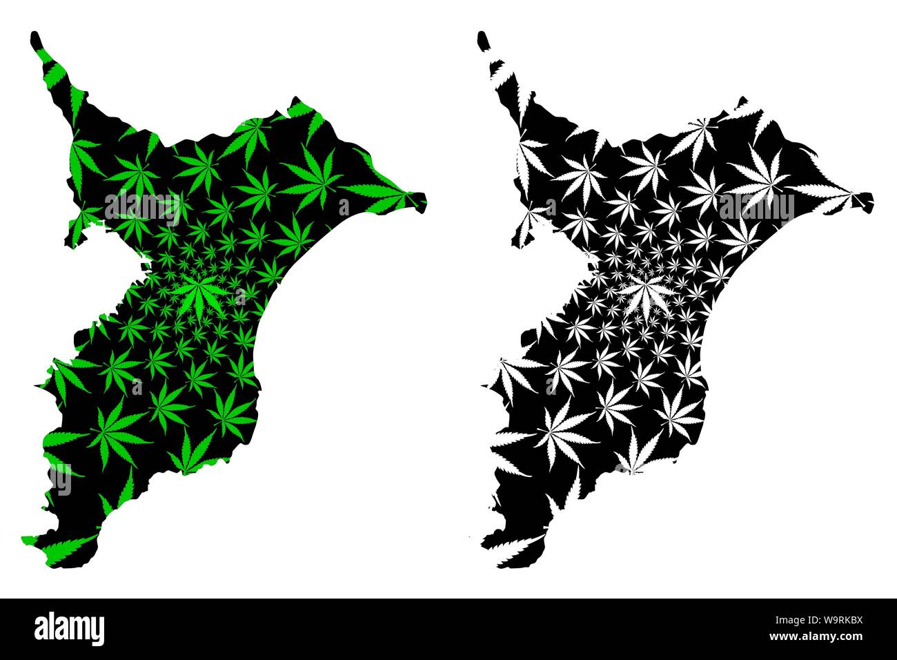 Chiba Prefecture (Administrative divisions of Japan, Prefectures of Japan) map is designed cannabis leaf green and black, Chiba map made of marijuana Stock Vector