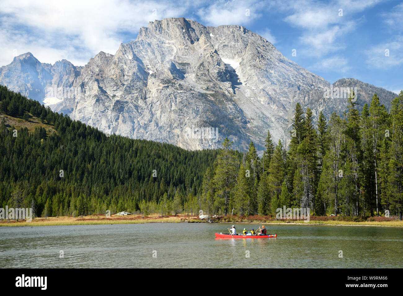 North America, American, USA, Rocky Mountains, West, Grand Teton National Park, Canoe on String lake with Mount Moran *** Local Caption *** Stock Photo
