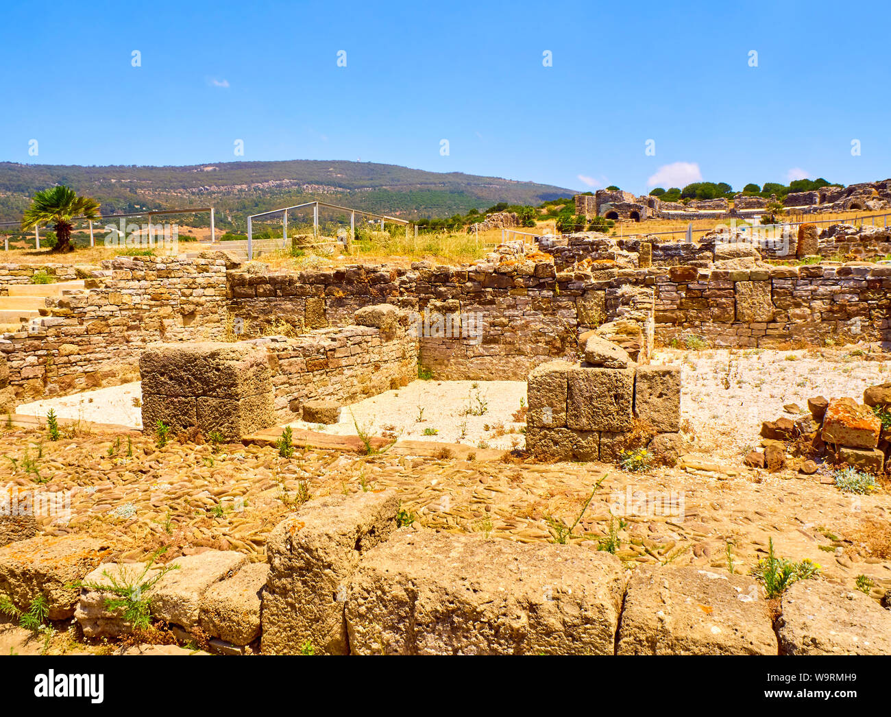Remains of the Domus and Tabernae of Decumanus Maximus street. Baelo Claudia Archaeological Site. Tarifa, Cadiz. Andalusia, Spain. Stock Photo
