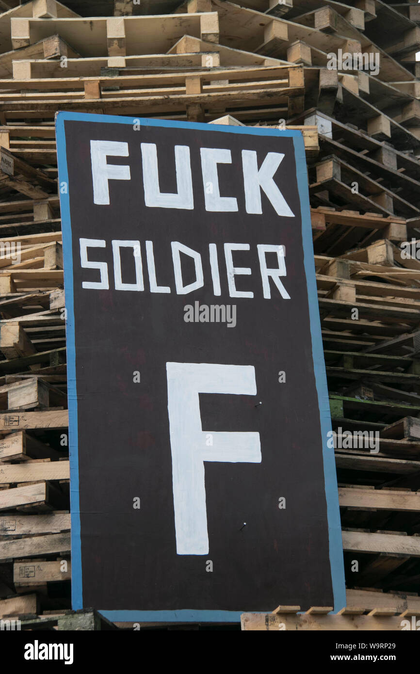 Soldier F banner placed on the controversial Bogside Bonfire due to be lit tonight. Stock Photo