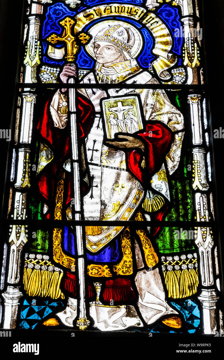 England Kent Canterbury The Catholic Church Of Saint Thomas Of Canterbury Stained Glass Window Depicting Saint Augustine Local Capti Stock Photo Alamy
