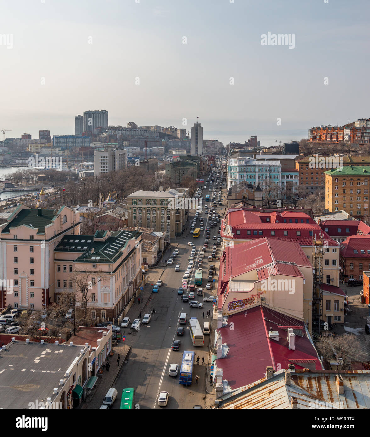 VLADIVOSTOK, RUSSIA - FEBRUARY 25, 2015: Svetlanskaya street view. Svetlanskaya Street is a major street in Vladivostok, Russia. Stock Photo