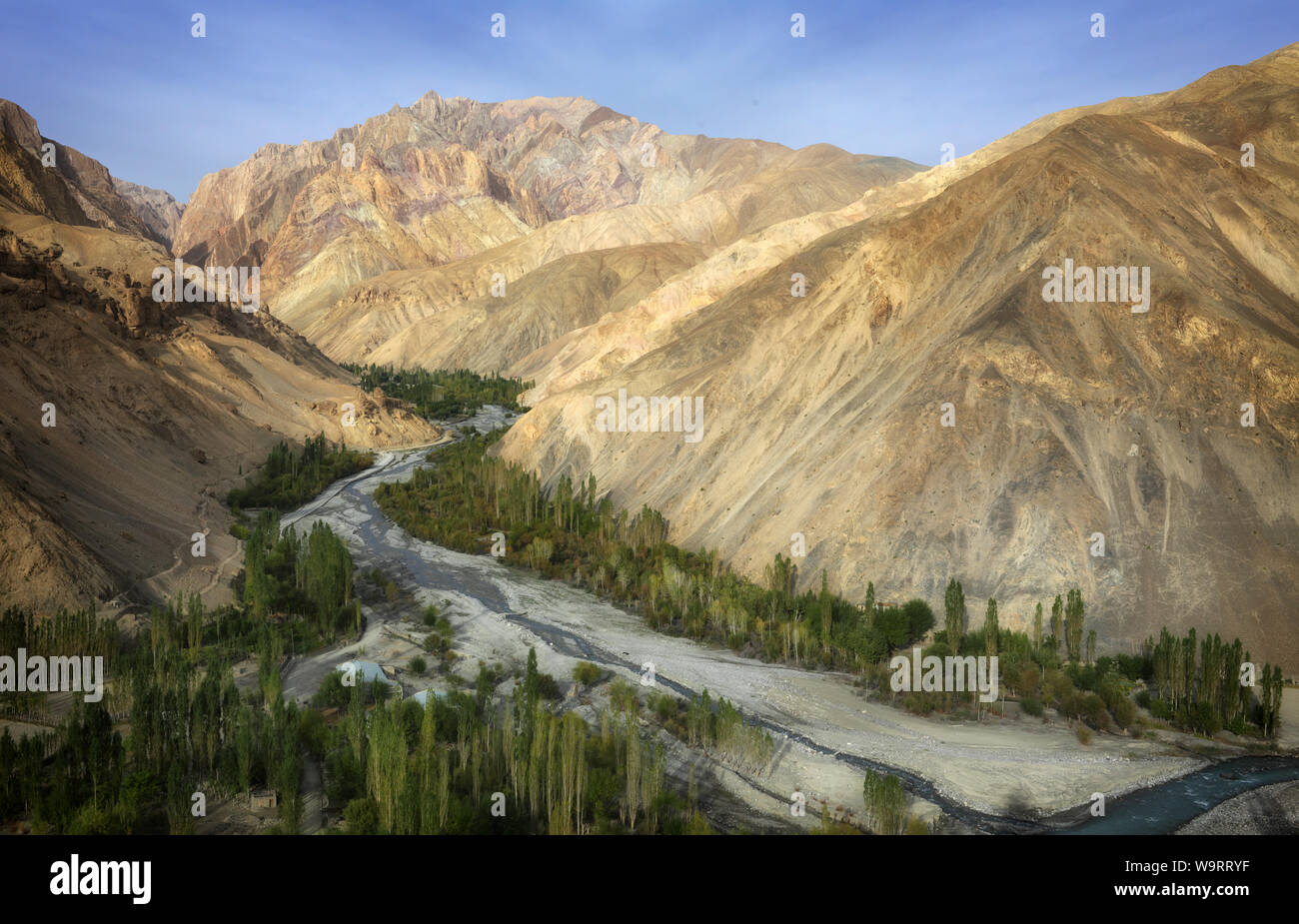 Himalayan mountain range and riverbed with trees near Wanla, Ladakh, India Stock Photo