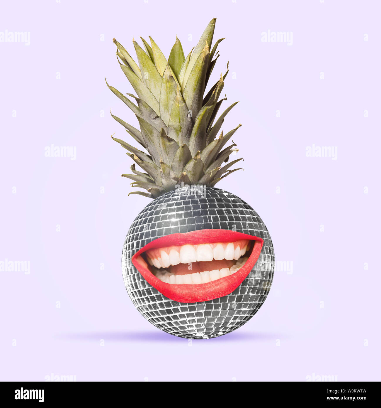 An alternative view of usual fruits. Disco ball as a pineapple on purple  background. Negative space to insert your text. Modern design. Contemporary  art collage. Concept of music, dance Stock Photo -