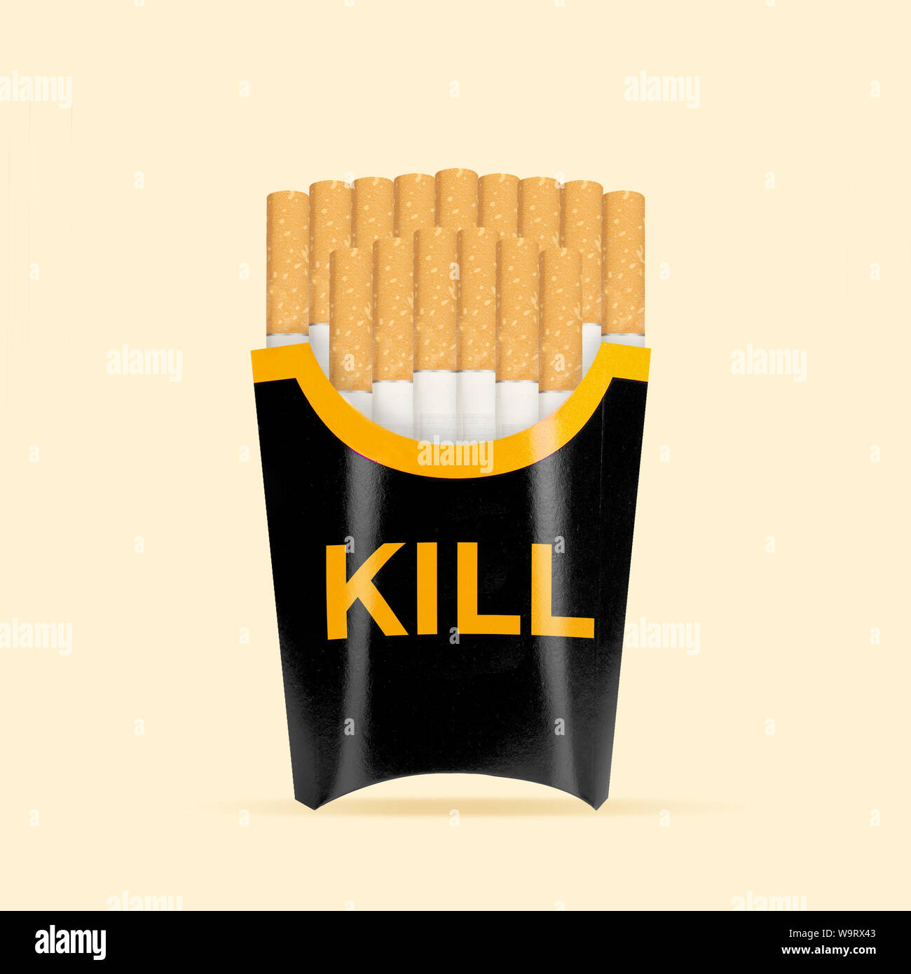 food tastes like cigarette smoke Bad habit on the go. Cigarettes as a fried potato on yellow background.  Negative space to insert your text. Modern design. Contemporary art  collage. Concept of nutrition, taste, smoking, food Stock Photo -