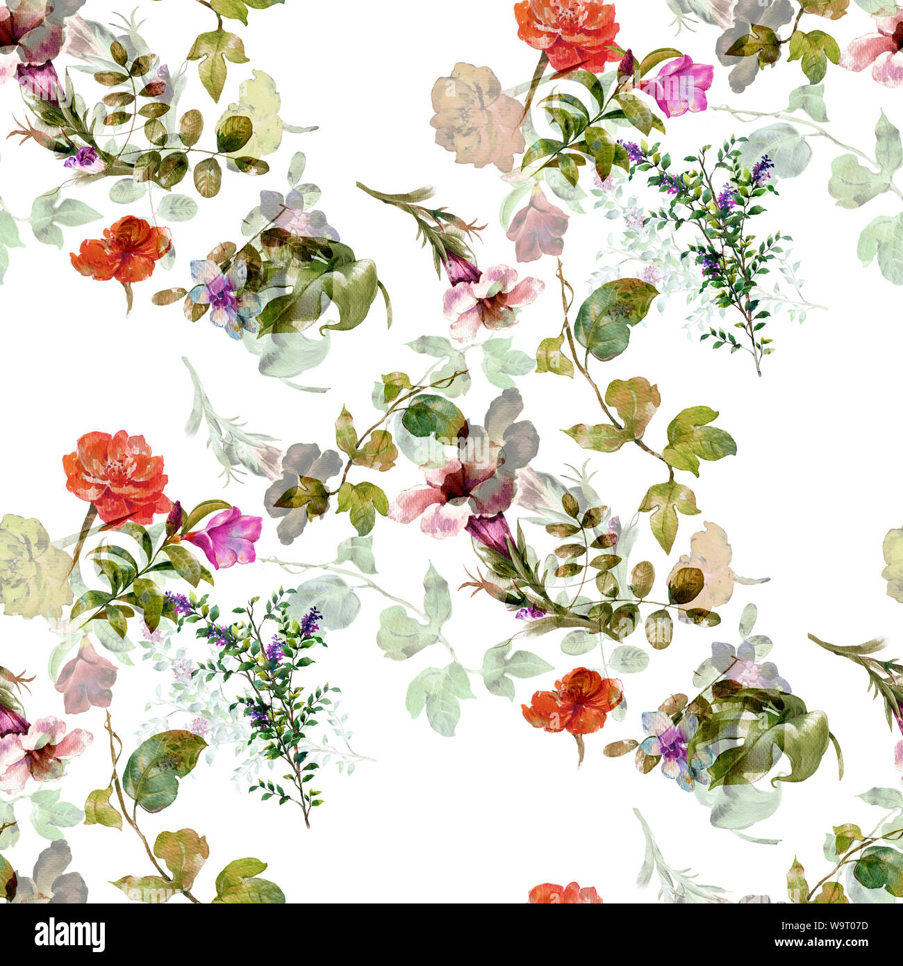 Watercolor painting of leaf and flowers, seamless pattern on white ...