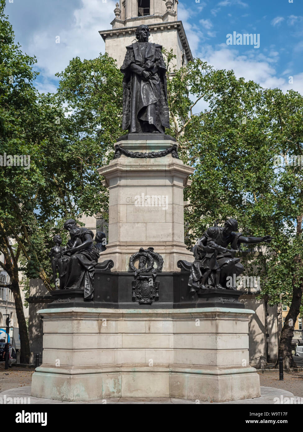 LONDON, UK - JULY 26, 2018:  Statue of William Ewart Gladstone outside St. Clement Danes Church in the Strand Stock Photo