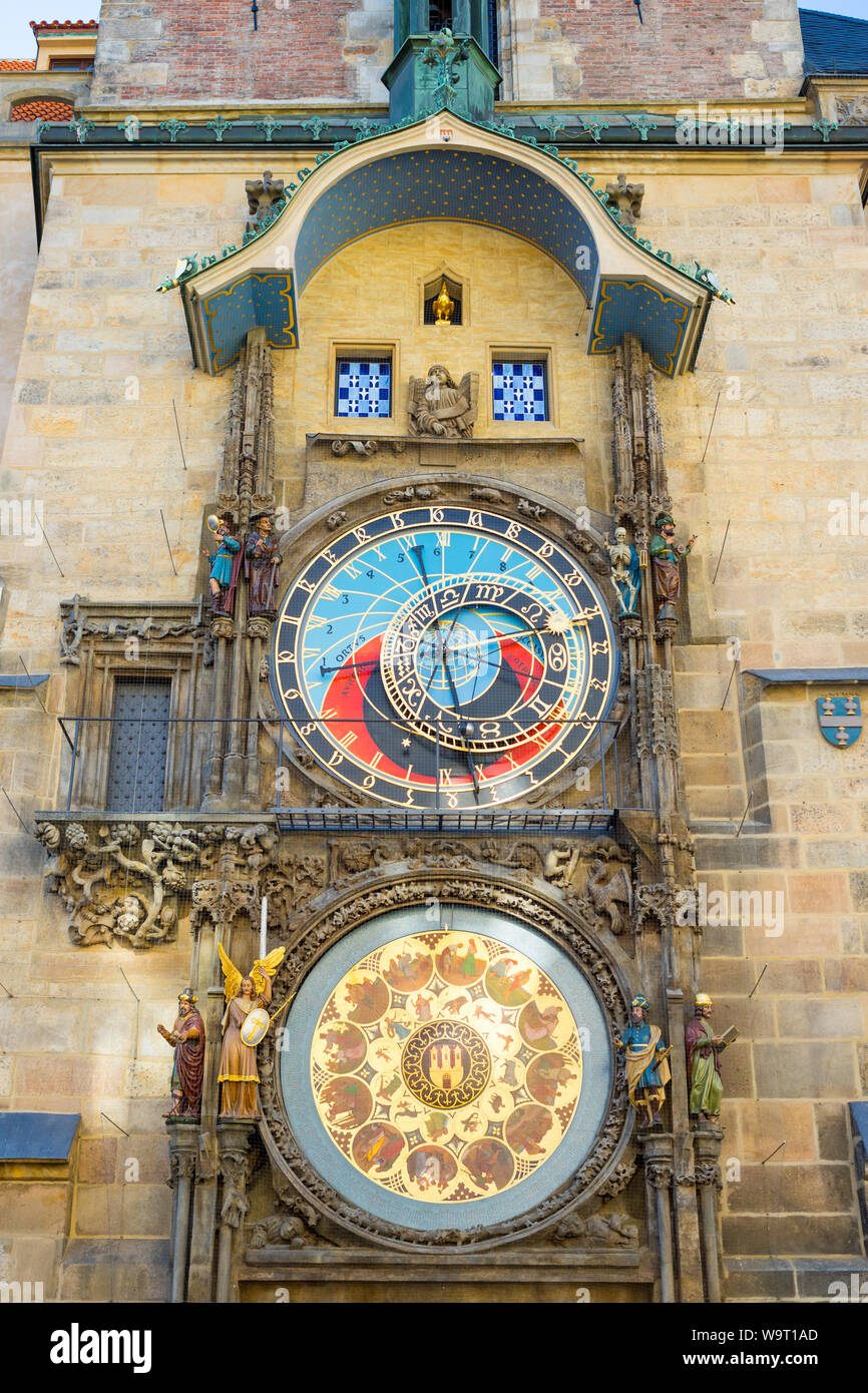 Astronomic clock on the Old Town Hall tower at Staromestska square in Prague Stock Photo
