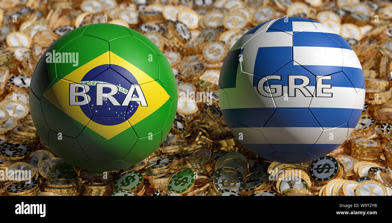 Brazil vs. Greece Soccer Match - Soccer balls in Brazil and Greece national colors on a bed of golden dollar coins. 3D Rendering Stock Photo