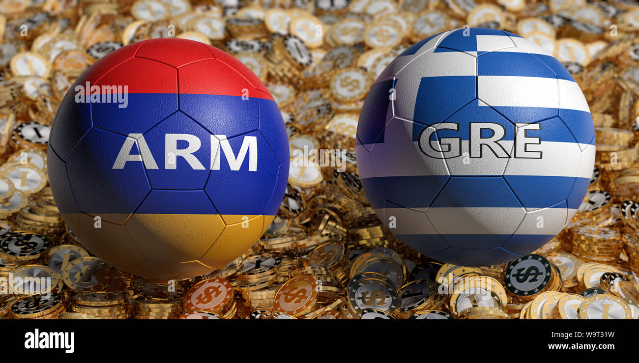 Armenia vs. Greece Soccer Match - Soccer balls in Armenia and Greece national colors on a bed of golden dollar coins. 3D Rendering Stock Photo