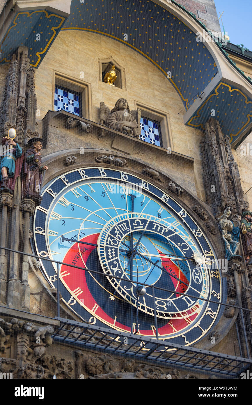 Astronomic clock on the Old Town Hall tower at Staromestska square in Prague Stock Photo