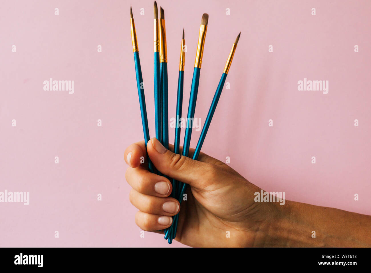 https://c8.alamy.com/comp/W9T6T8/hand-holds-paint-brushes-on-the-pink-background-W9T6T8.jpg