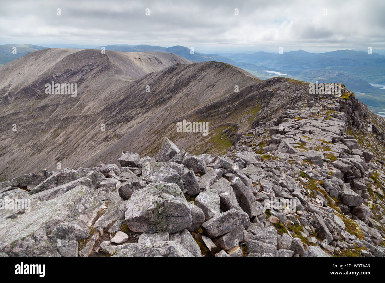 Looking along the ridge of Arkle with the summit behind the camera , Sutherland Scotland. Stock Photo