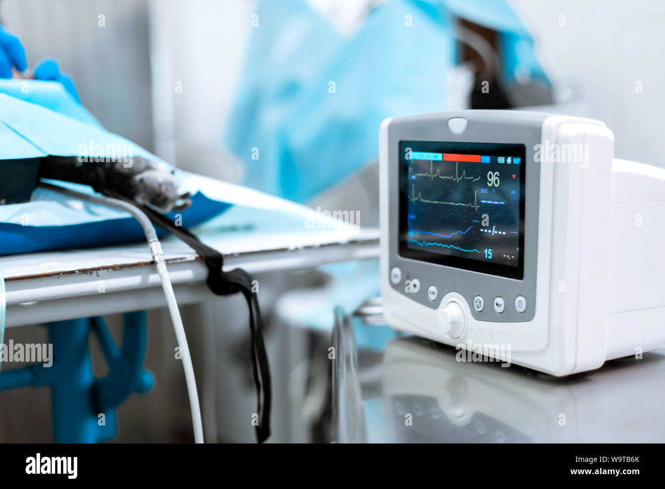 Heart rate monitor in hospital theater. Medical vital signs monitor instrument in a hospital on