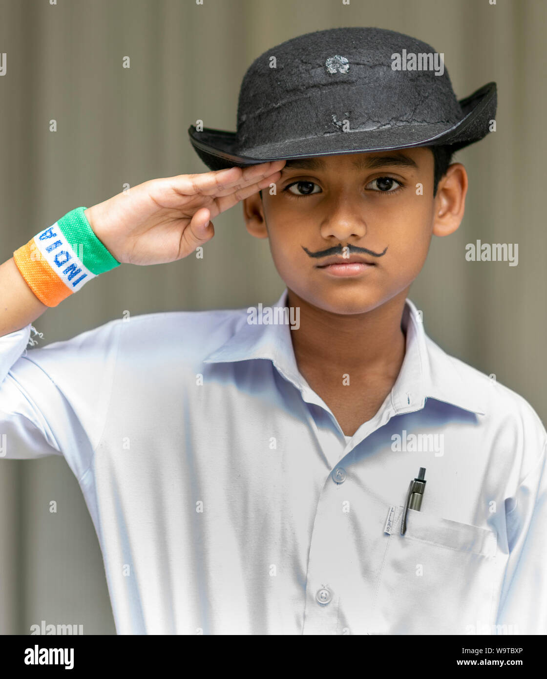 A nine year old Indian boy dressed up as Shaheed Bhagat Singh on the occasion of India Independence Day, 15 August, 2019. Stock Photo