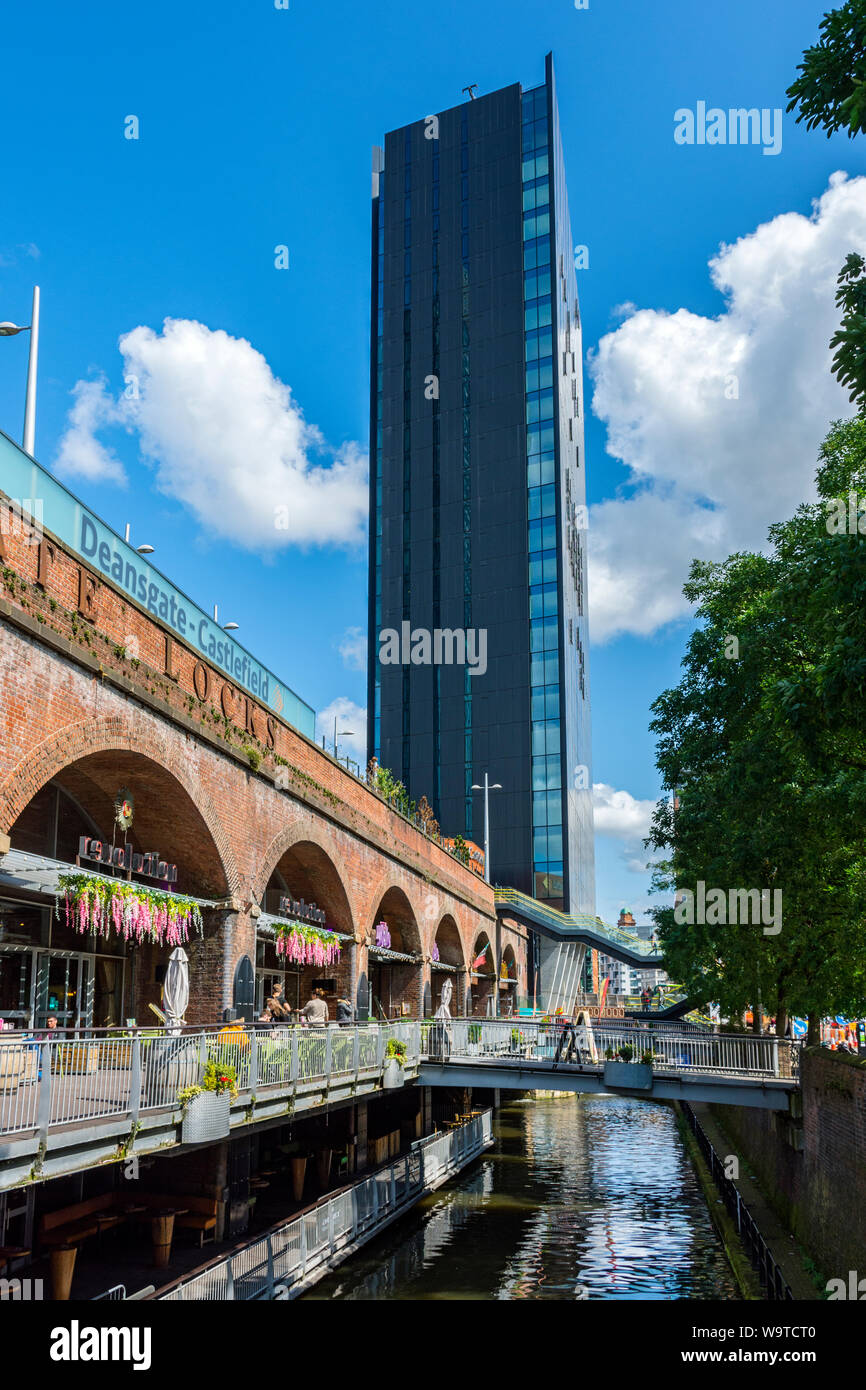 The Rochdale Canal and the Axis Tower apartment block from Deansgate