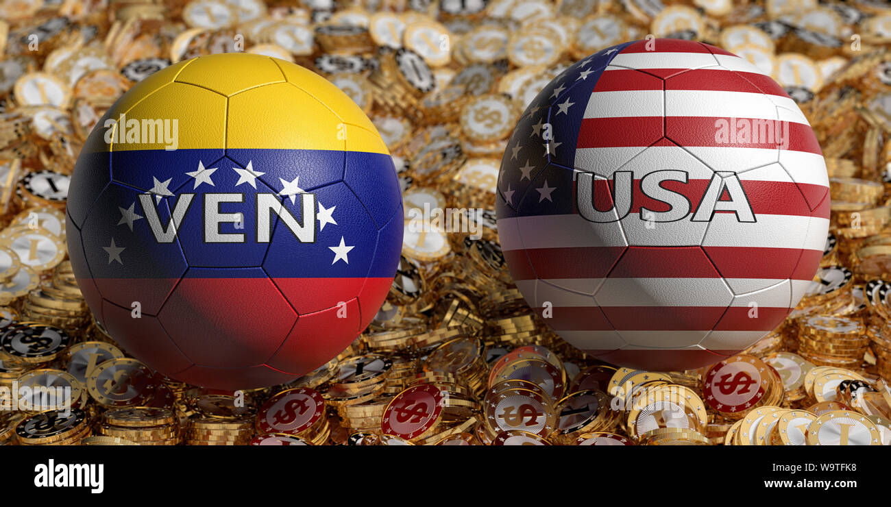 Venezuela vs. USA Soccer Match - Soccer balls in Venezuela and USA national colors on a bed of golden dollar coins. 3D Rendering Stock Photo