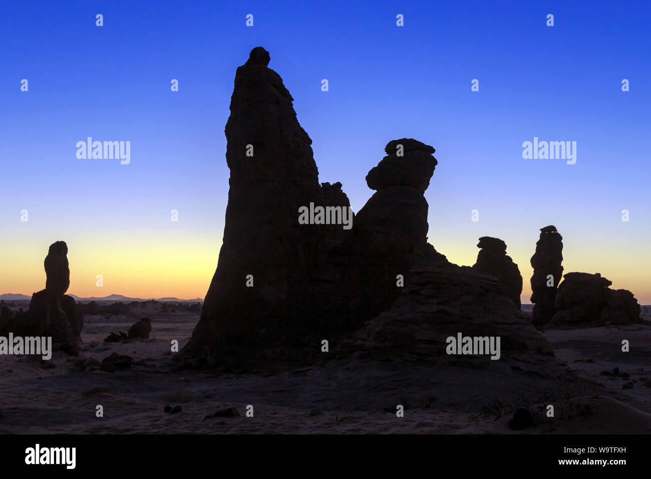 Silhouette of rock formations at sunset, Riyadh, Saudi Arabia Stock Photo