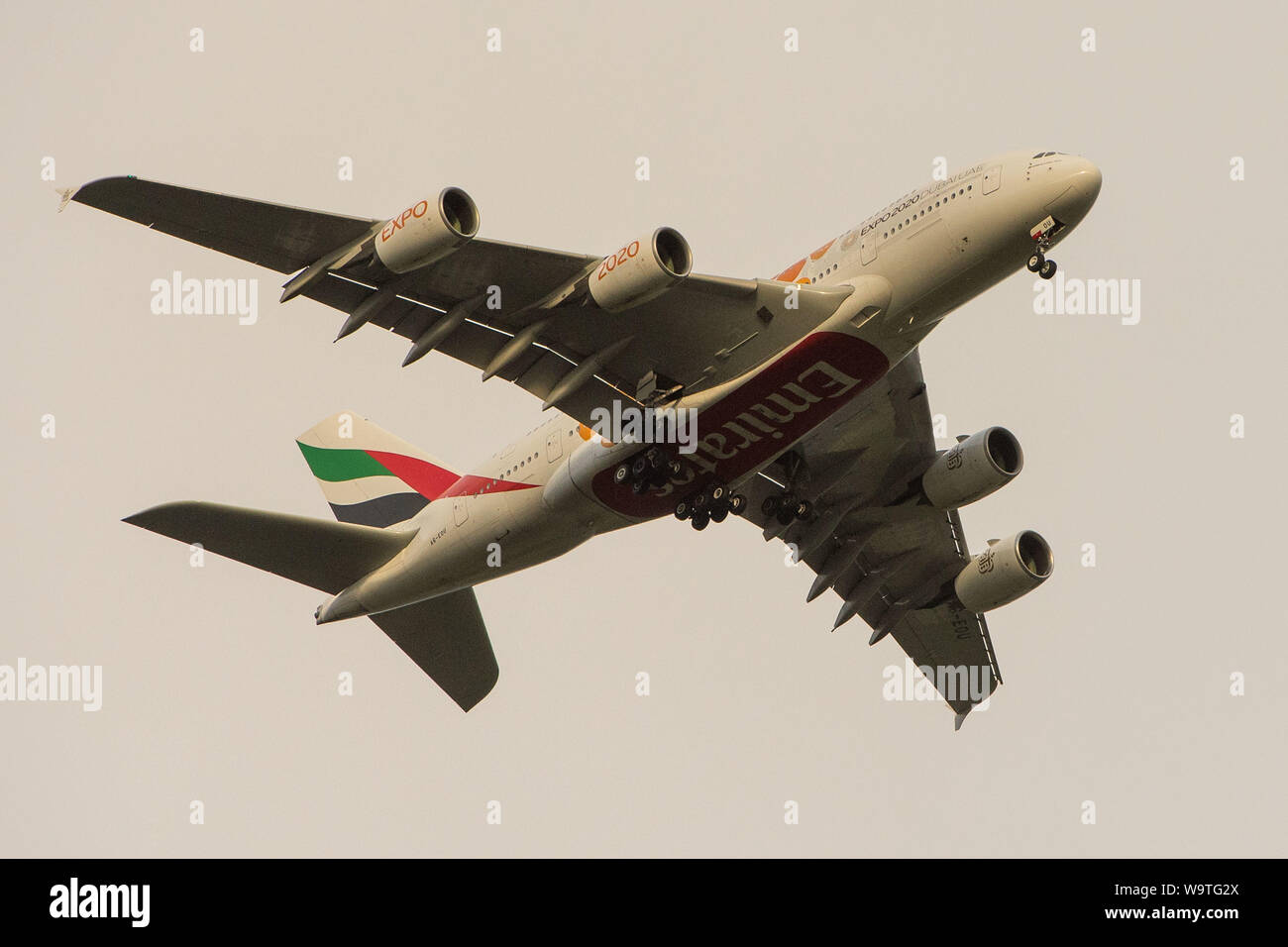 Glasgow, UK. 27 April 2019.  Stock image Emirates A380 Super Jumbo Jet lines up on approach for landing. Stock Photo