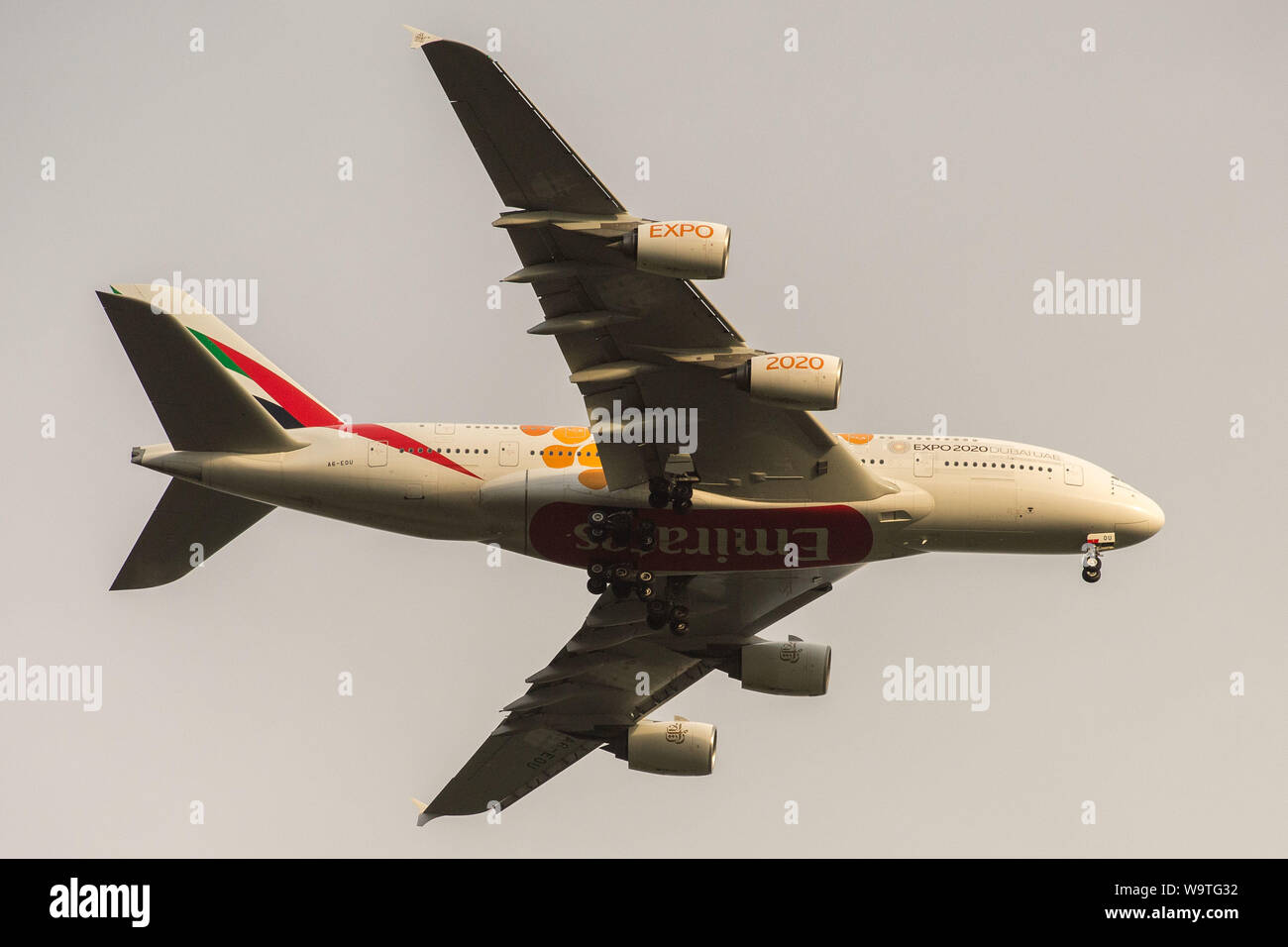 Glasgow, UK. 27 April 2019.  Stock image Emirates A380 Super Jumbo Jet lines up on approach for landing. Stock Photo