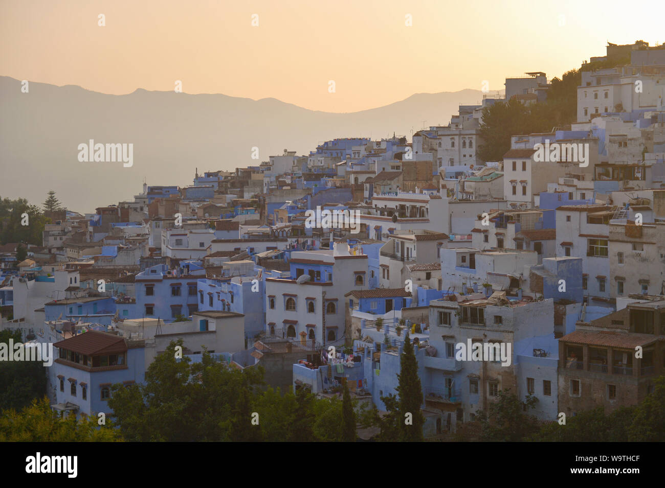 Cityscape at sunset, Chefchaouen, Morocco Stock Photo