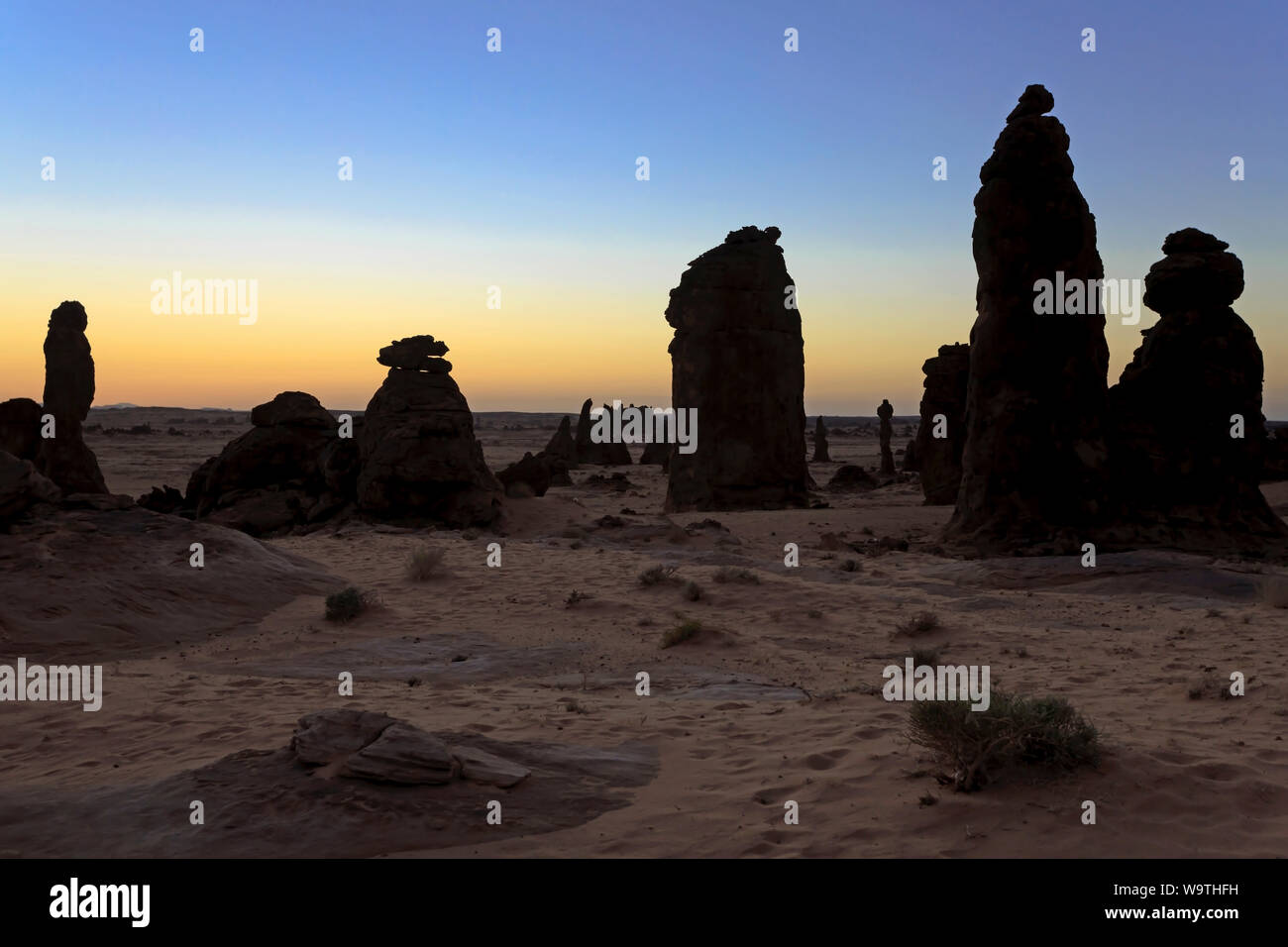 Silhouette of rock formations in the desert, Riyadh, Saudi Arabia Stock Photo