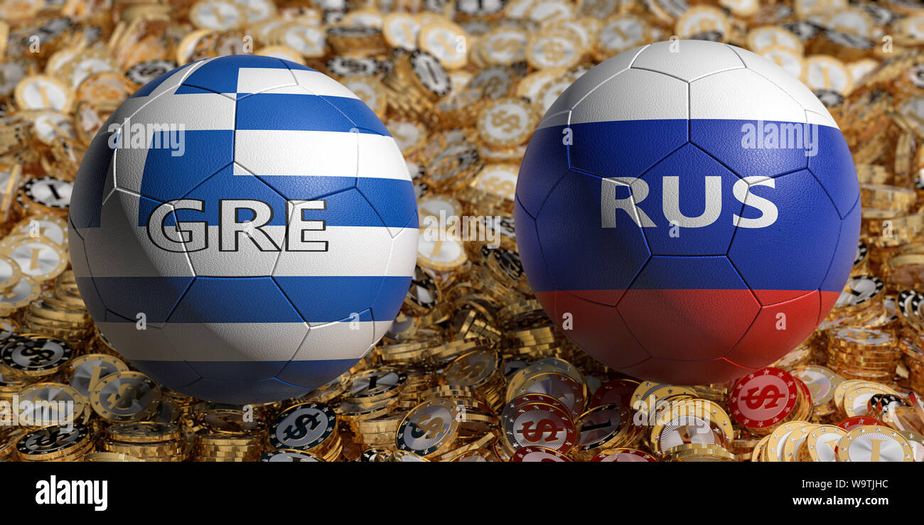 Greece vs. Russia Soccer Match - Soccer balls in Greece and Russia national colors on a bed of golden dollar coins. 3D Rendering Stock Photo