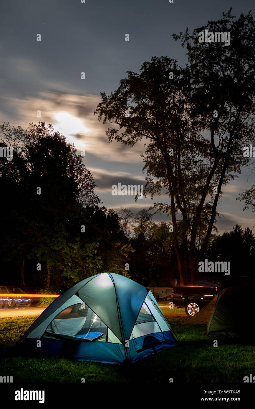 Tent in the woods, Fort Custer State Recreational Area, Indiana, United States Stock Photo