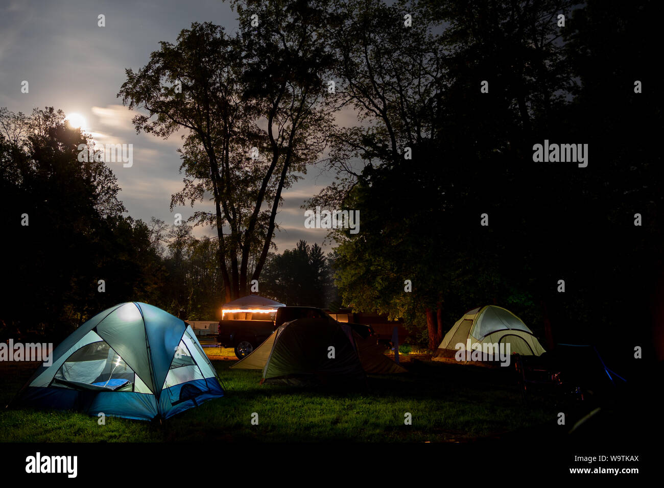 Tents in the woods, Fort Custer State Recreational Area, Indiana, United States Stock Photo