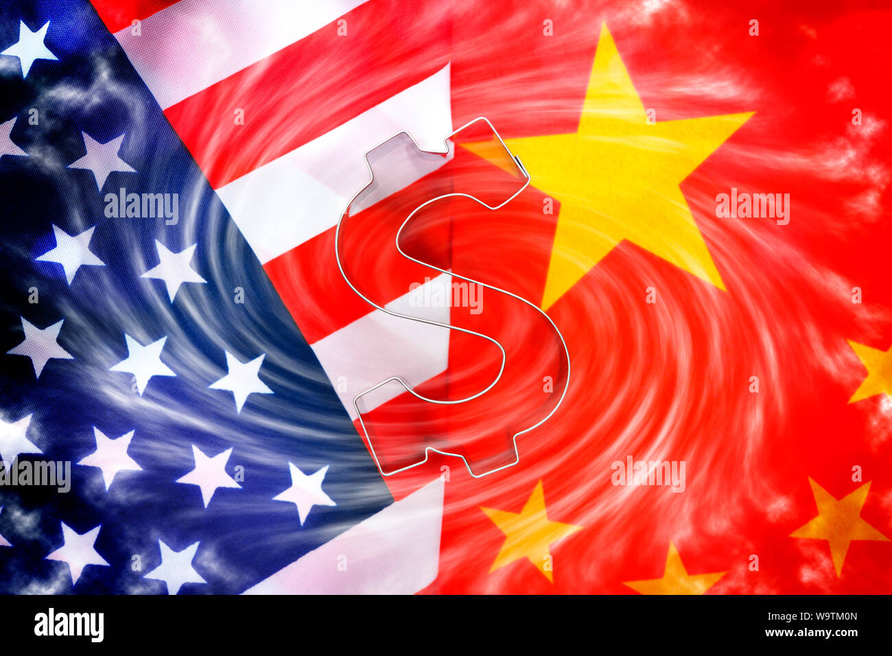 Dollar sign on flags of the USA and China, trade war Stock Photo