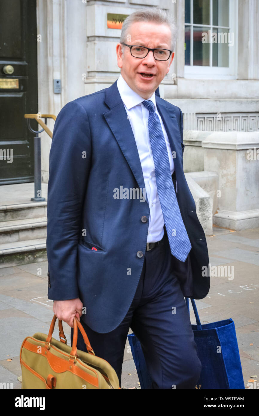 London, UK. 15th Aug, 2019.  Michael Gove, Chancellor of the Duchy of Lancaster with responsibility for no-deal Brexit preparations, as well as overseeing constitutional affairs, maintaining the integrity of the Union and having oversight over all Cabinet Office policy, exits the Cabinet Office in Whitehall. Credit: Imageplotter/Alamy Live News Stock Photo