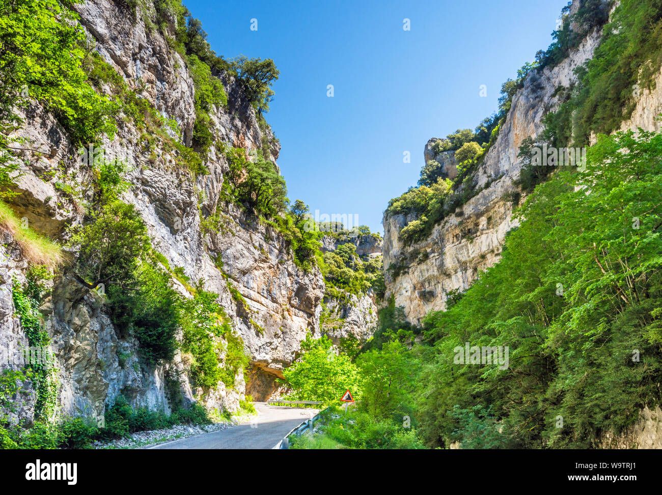 Karst rock formations over Rio Veral in Hoz Binies section of Valle de Anso, near Anso, Pyrenees, Huesca province, Aragon, Spain Stock Photo