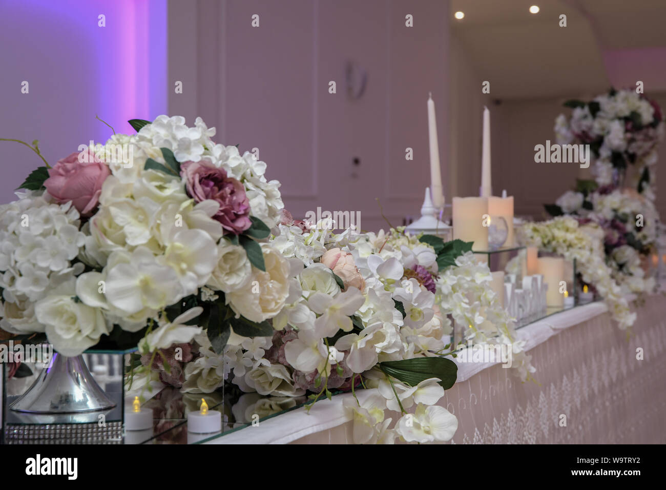 Festive Table Set With Candles And Flowers Bouquet Wedding