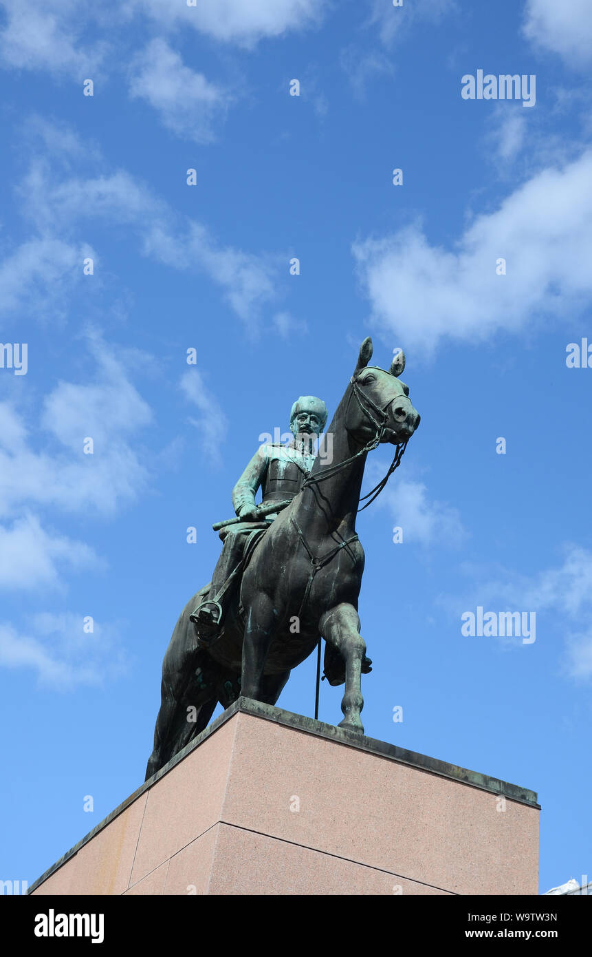 Bronze equestrian statue of Marshal of Finland Carl Gustaf Emil Mannerheim, by Aimo Tukiainen, stands in centre of Helsinki, Finland. Stock Photo