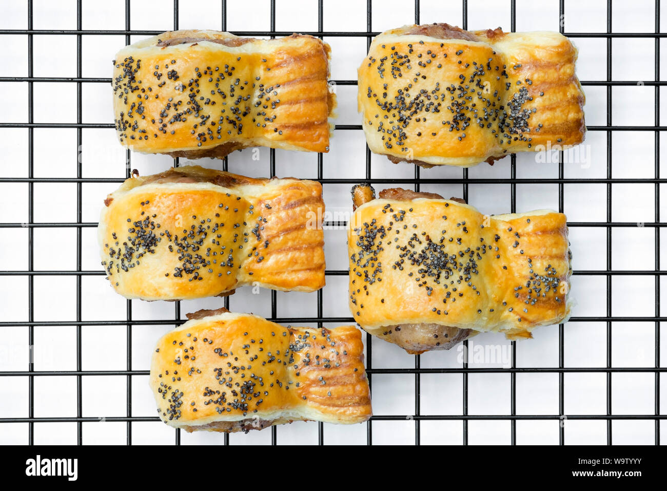 Sausage rolls with poppy seeds cooling on a wire rack, UK. Overhead view of five puff pastry sausage rolls. Stock Photo