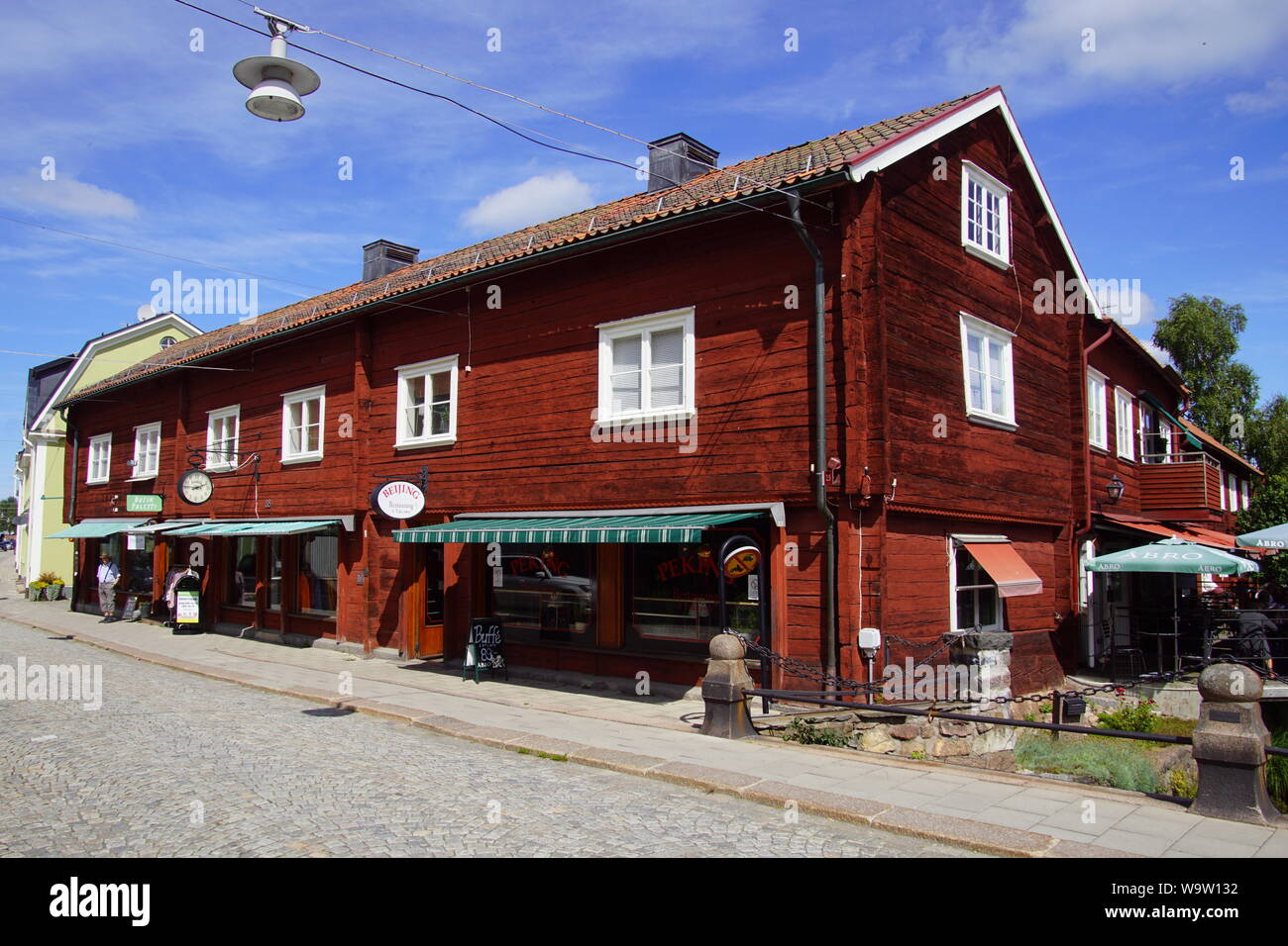 Eksjö, Jönköping County, Sweden - July 31, 2019: Traditional Swedish wooden building in the city center of Eksjö. Stock Photo