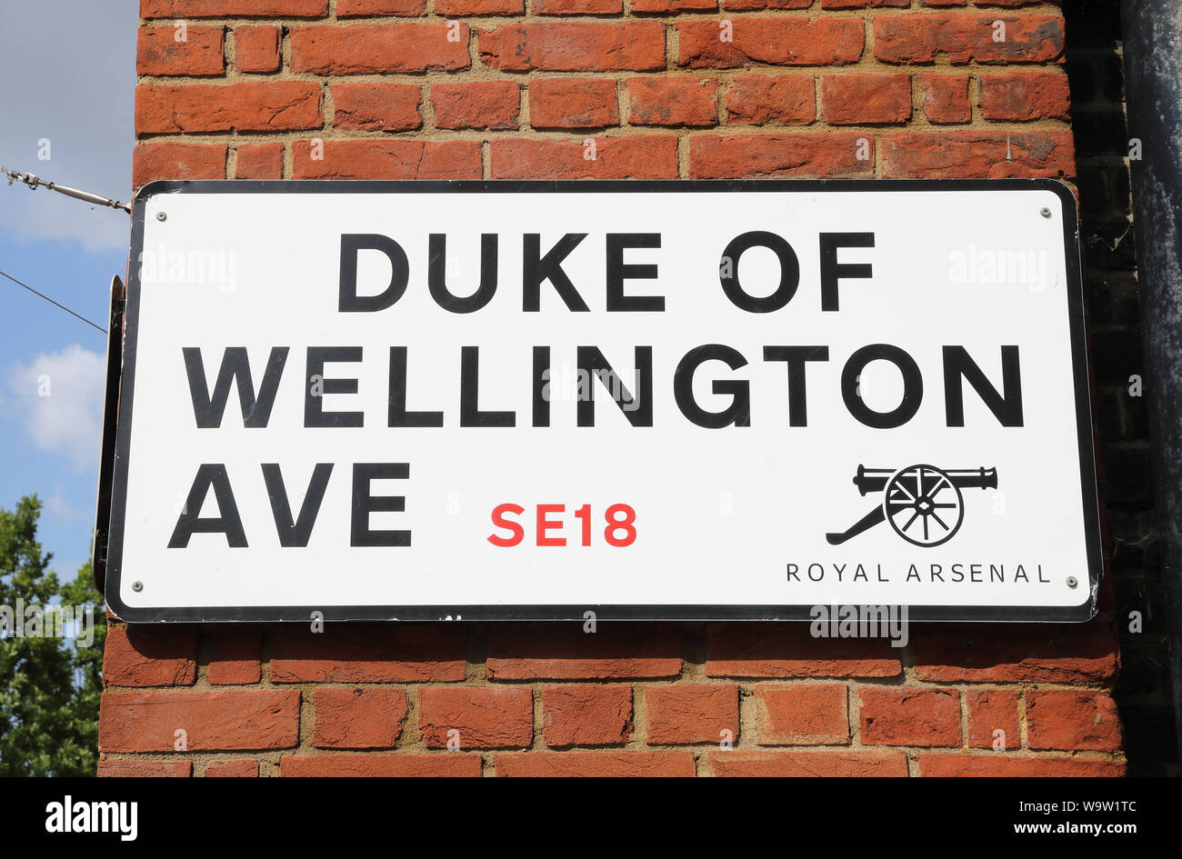 Road sign for Duke of Wellington Avenue in Royal Arsenal, in SE London, UK Stock Photo