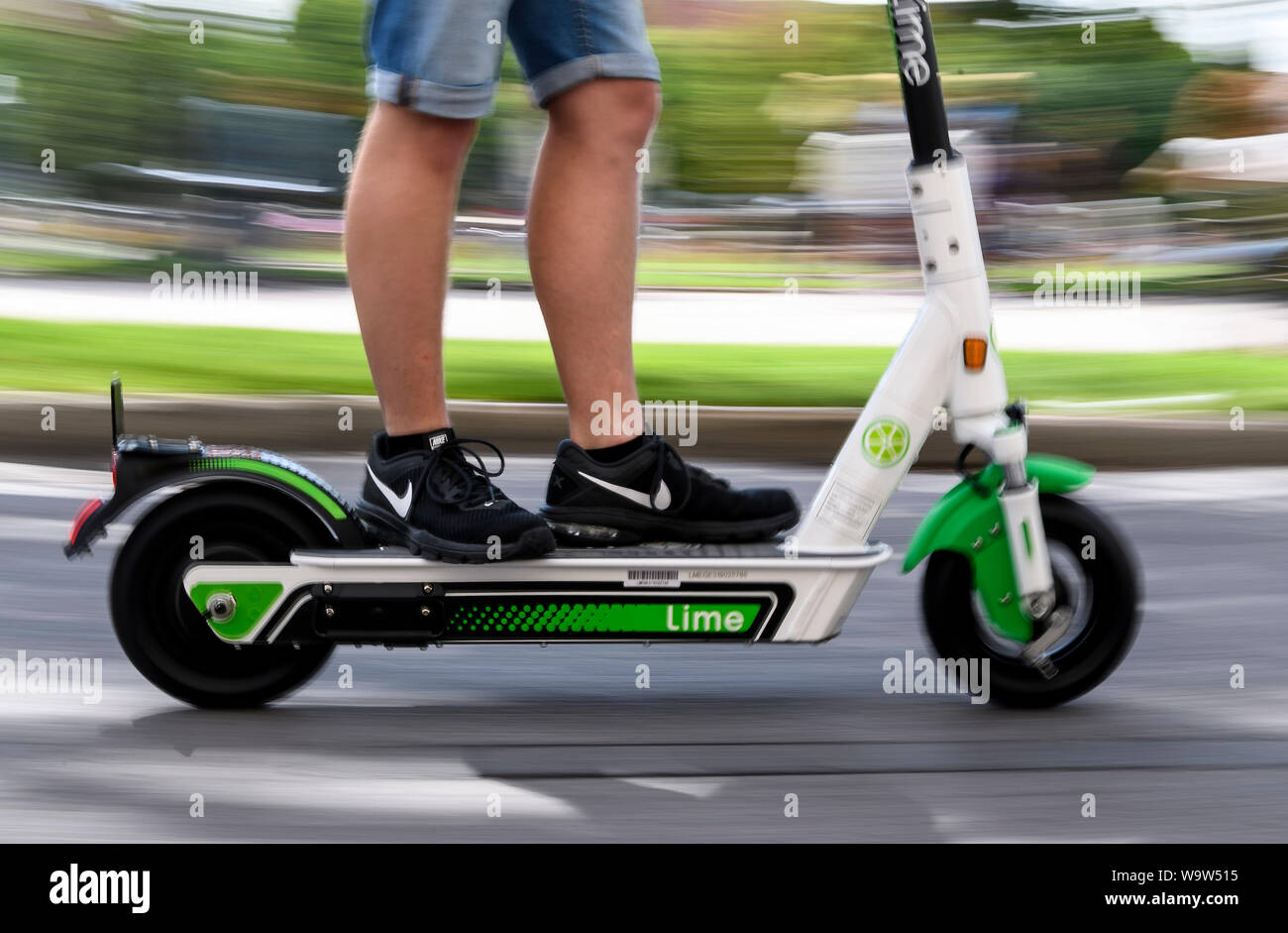 Stuttgart, Germany. 15th Aug, 2019. A man drives on a scooter to the start  of the e-scooter provider Lime in Stuttgart. The first scooters were set up  on Thursday (15.08.2019) by the