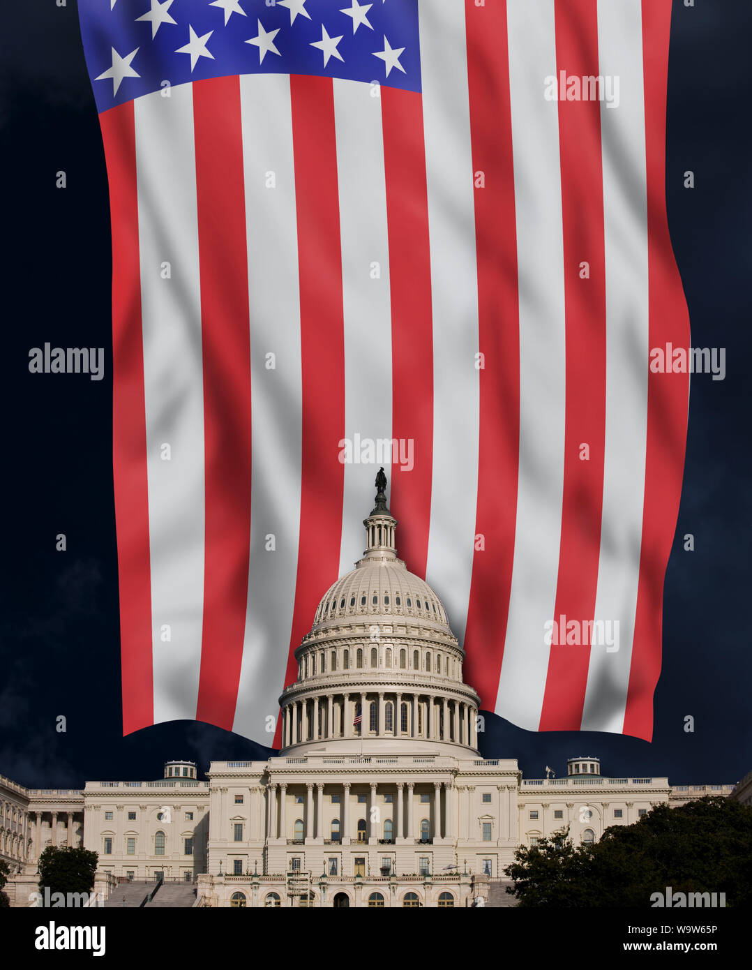 American Capital building with old glory flag. Stock Photo