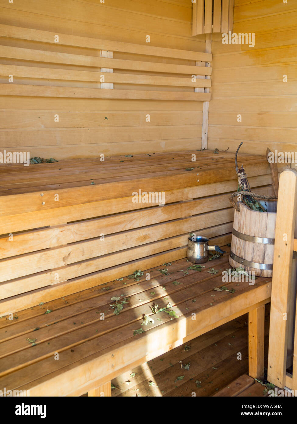 Russian sauna broom sauna accessories, broom for sauna, Russian traditional sauna, interior outdoor Stock Photo