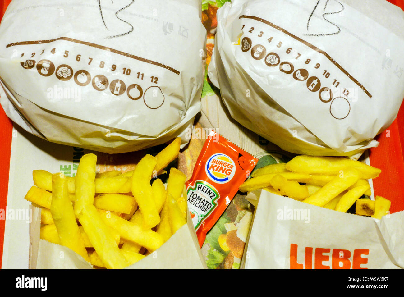 Burger King menu, chips, Heinz Tomato Ketchup Stock Photo