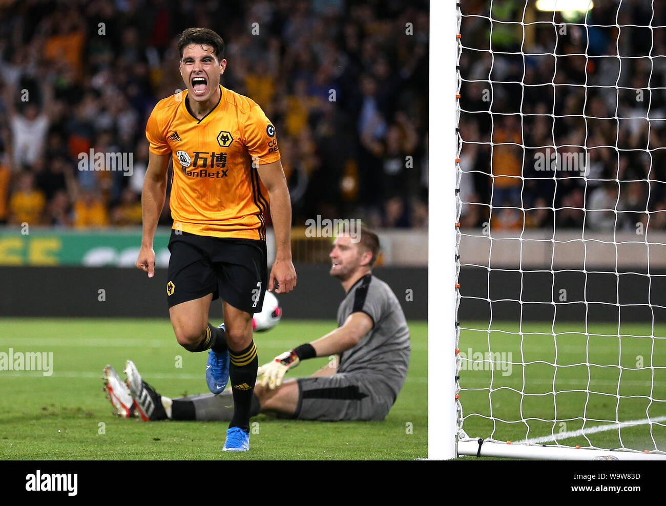 Wolverhampton Wanderers' Lomba Pedro Neto celebrates scoring his side's first goal of the game during the UEFA Europa League Third Qualifying Round Second Leg match at Molineux Stadium, Wolverhampton. Stock Photo