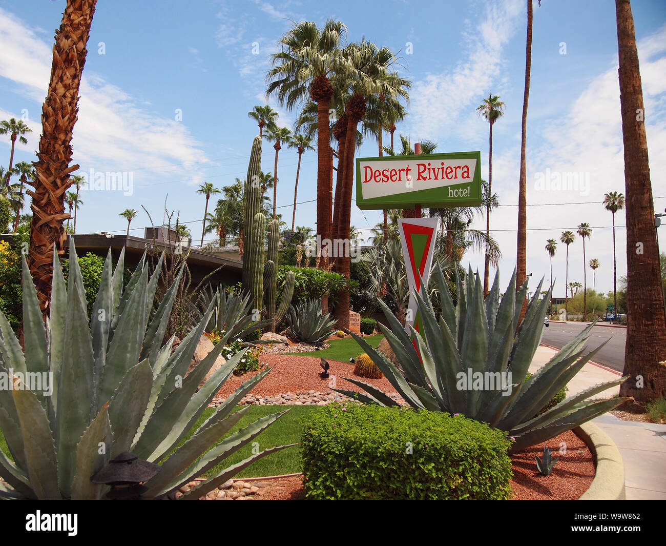 PALM SPRINGS, CALIFORNIA - JULY 18, 2019: The Desert Riviera hotel, built in 1951, features gorgeous cactus gardens surrounding intimate accommodation Stock Photo