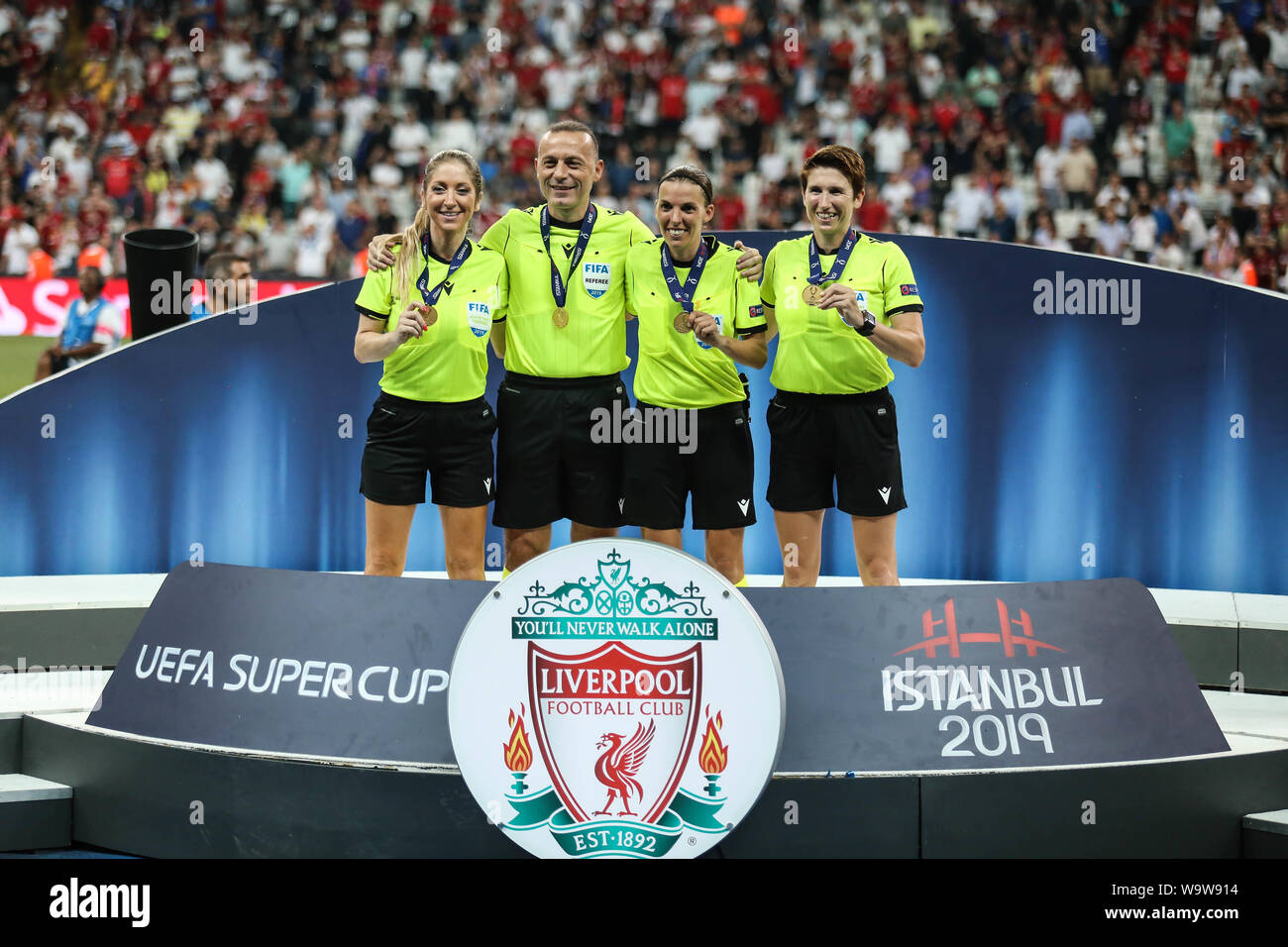 Referee Stephanie Frappart poses with her Assistants Manuela Nicolosi and Michelle O'Neill with their medals at the end of the UEFA Super Cup match between Liverpool and Chelsea at Vodafone Park. (Final score: Liverpool 5 - 4 Chelsea) Stock Photo